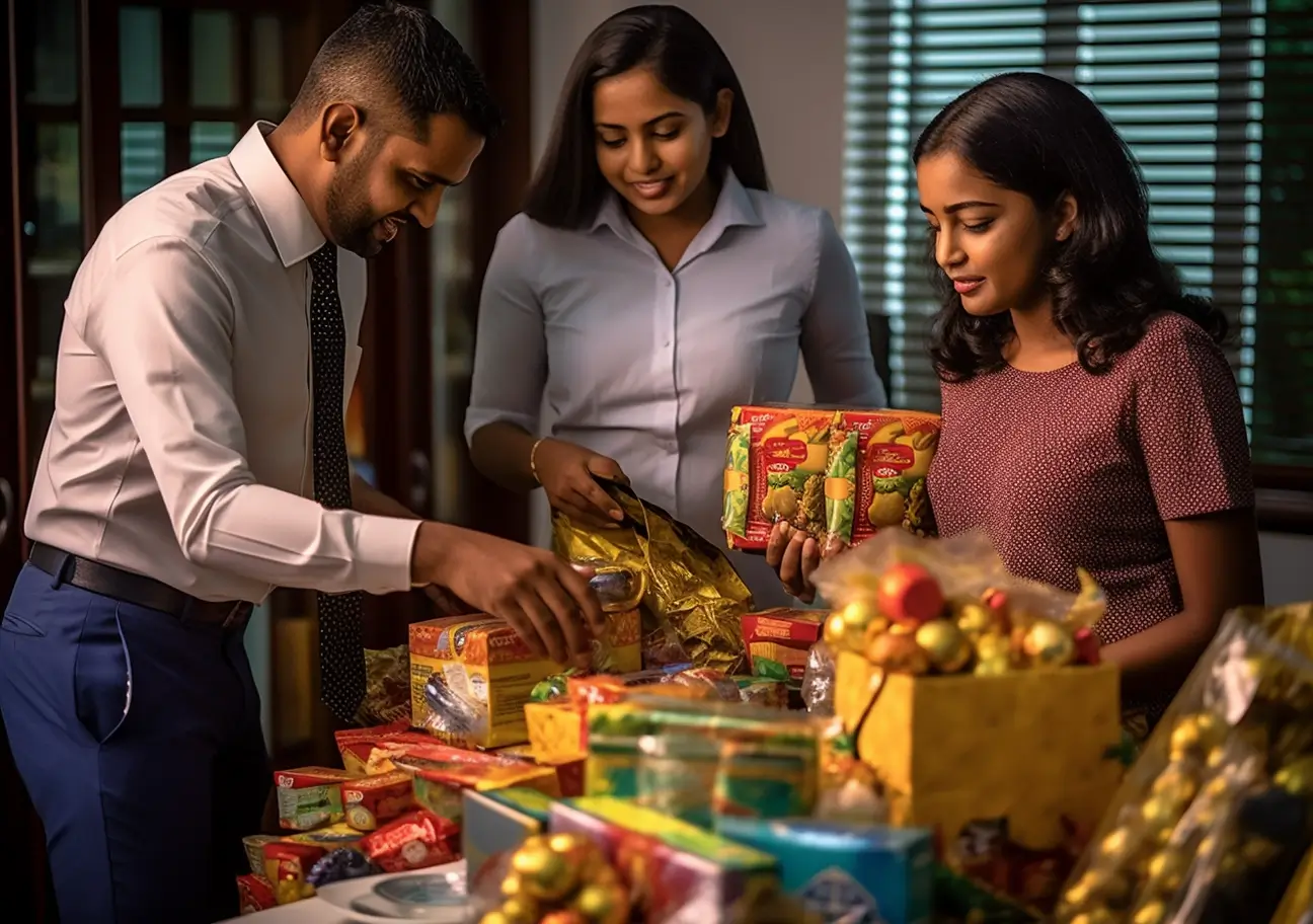 Team members arrange holiday gift packages.