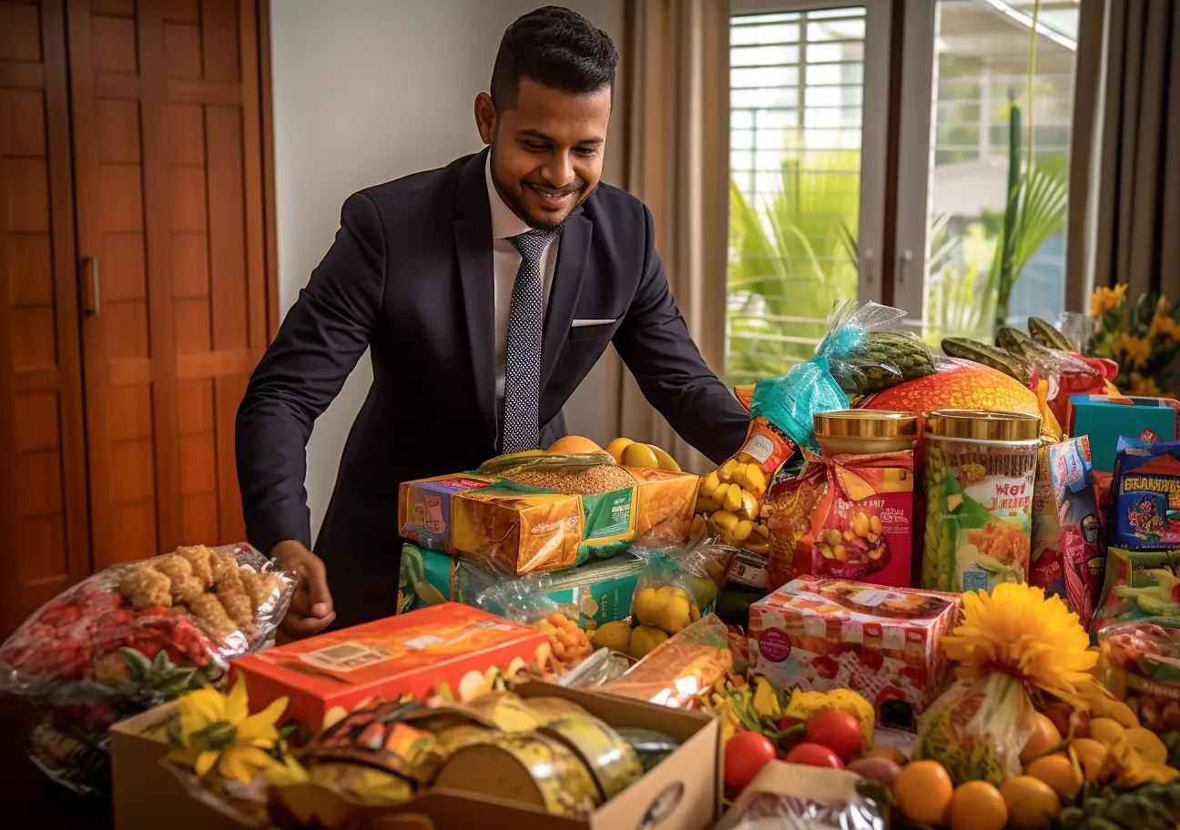 Smiling man with gift hampers.
