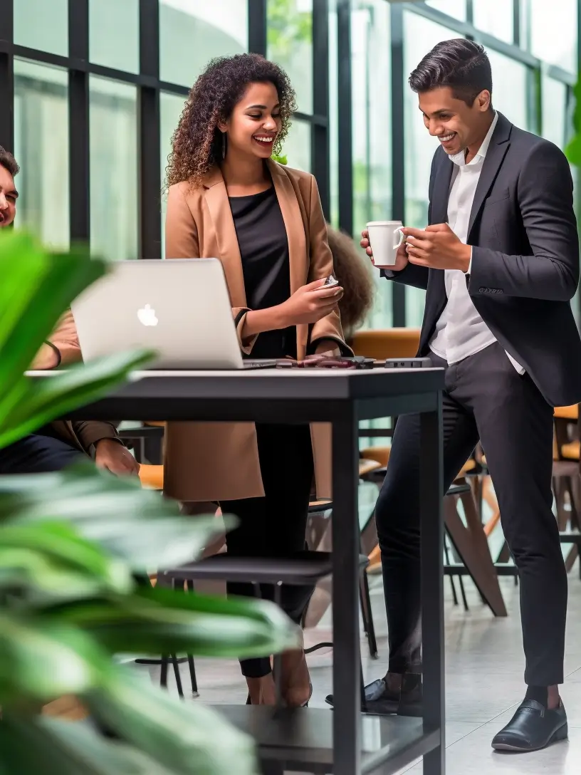 Happy colleagues discuss work, smiling.